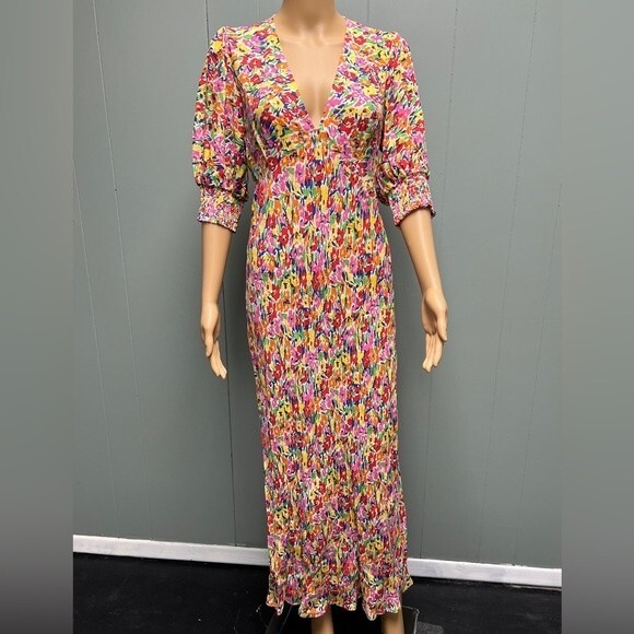 Multi Color Floral Puff Sleeve Midi Dress by RIXO Hidden back zip v neck Size 8 - Picture 2 of 12